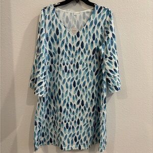 Blue and White Leaf Pattern Swim Cover-Up and summer Dress